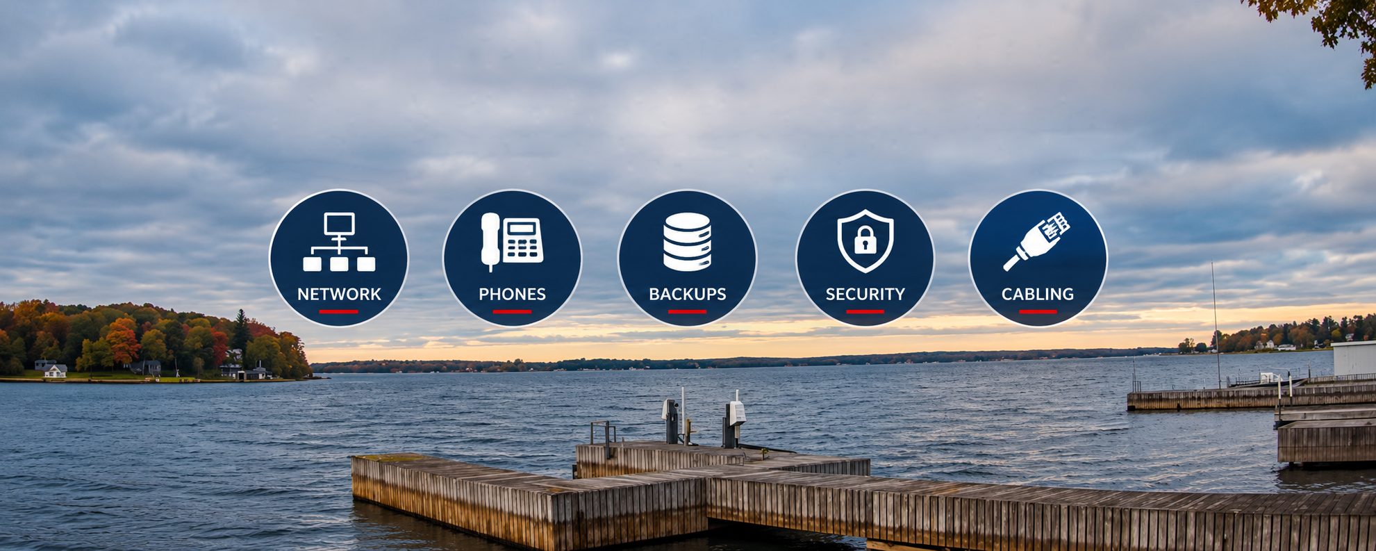 Network, phones, backups, security, and cabling icons over a North Country waterfront